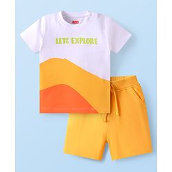 Babyhug Single Jersey Knit Half Sleeves T-Shirt & Shorts Set With Text Print & Color Block Design - White & Orange