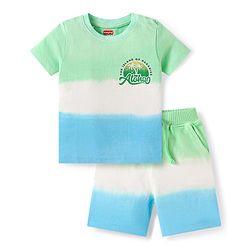 Babyhug Single Jersey Knit Half Sleeves T-Shirt & Shorts Set With Color Block Design & Aloha Print - Sea Green White & Light Blue