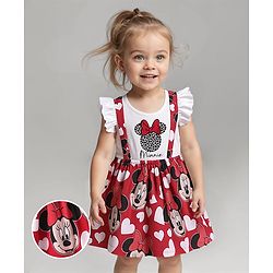 Babyhug Disney Single Jersey Knit Frill Sleeves Frock with Minnie Mouse Graphics - White & Red