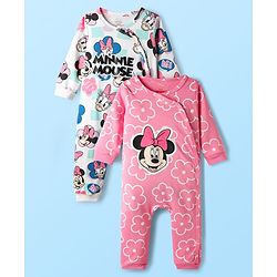 Babyhug Disney Interlock Knit Full Sleeves Rompers With Minnie Mouse Graphics Pack of 2 - Pink & White