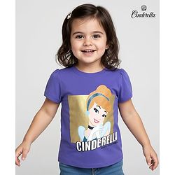 Babyhug Disney Single Jersey Knit Half Sleeves T-Shirt With Cindrella Graphic & Gold Foil Detailing - Purple