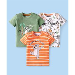 Babyhug Disney Single Jersey Knit Half Sleeves T-Shirts with Stripes & Mowgli Graphic Pack of 3 - Orange White & Olive Green