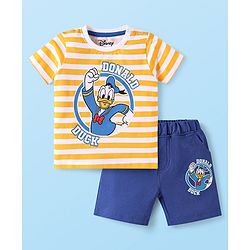 Babyhug Disney Single Jersey Knit Half Sleeves Striped T-Shirt & Shorts Set with Donald Duck Graphics - Yellow & Blue