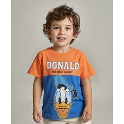 Babyhug Disney Single Jersey Knit Half Sleeves Cut & Sew T-Shirt with Donald Duck Graphic - Blue & Orange