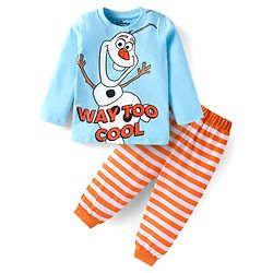 Babyhug Disney Single Jersey Knit Full Sleeves Night Suit Set With Olaf Graphic - Light Blue & Orange