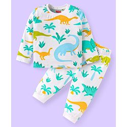 Babyhug Cotton Knit Full Sleeves Night Suit with Dino Print - White