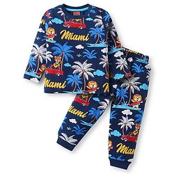 Babyhug Cotton Knit Full Sleeves Co-ords Night Suit with Beach Theme Print - Navy Blue