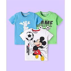 Babyhug Disney Single Jersey Knit Half Sleeves T-Shirts with Mickey Mouse Graphic Pack of 3 - White Blue & Light Green