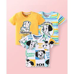 Babyhug Disney Single Jersey Knit Half Sleeves T-Shirts with 101 Dalmatians Graphics Pack of 3 - Yellow White & Blue