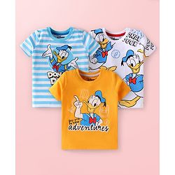 Babyhug Disney Single Jersey Knit Half Sleeves T-Shirts with Donald Duck Graphics Pack of 3 - Yellow Light Blue & White