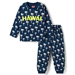 Babyhug Cotton Knit Full Sleeves Co-Ord Night Suit with Hawai Print - Navy Blue