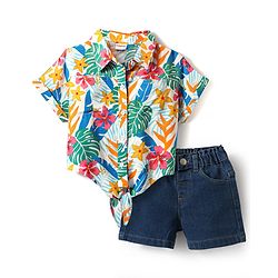 Babyhug Rayon Woven Half Sleeves Shirt Style Top & Shorts Set With Leaf & Floral Print - White & Blue