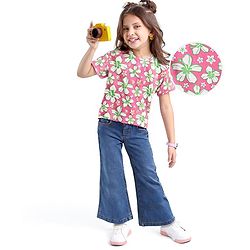 Babyhug Single Jersey Knit Half Sleeves Floral Printed Top & Solid Denim Jeggings Set - Pink & Blue