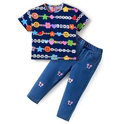 Babyhug Single Jersey Knit Half Sleeves T-Shirt & Jeans Set With Bracelet Print & Butterfly Embroidery - Navy Blue