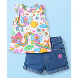 Babyhug Single Jersey Knit Sleeveless Top & Denim Shorts Set With Floral Print & Embroidery - White & Blue