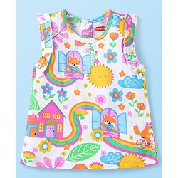 Babyhug Single Jersey Knit Sleeveless Top & Denim Shorts Set With Floral Print & Embroidery - White & Blue