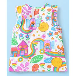 Babyhug Single Jersey Knit Sleeveless Top & Denim Shorts Set With Floral Print & Embroidery - White & Blue