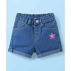 Babyhug Single Jersey Knit Sleeveless Top & Denim Shorts Set With Floral Print & Embroidery - White & Blue