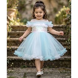 Babyhug Woven Sleeveless Party Dress With Sequinned & Ruffled Yoke - Light Blue