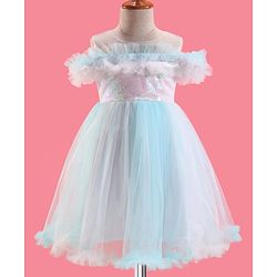 Babyhug Woven Sleeveless Party Dress With Sequinned & Ruffled Yoke - Light Blue