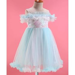 Babyhug Woven Sleeveless Party Dress With Sequinned & Ruffled Yoke - Light Blue