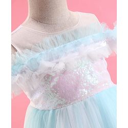 Babyhug Woven Sleeveless Party Dress With Sequinned & Ruffled Yoke - Light Blue