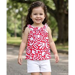 Babyhug Single Jersey Knit Sleeveless Printed Top & Denim Shorts Set - Red