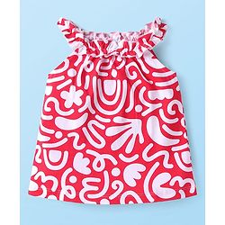 Babyhug Single Jersey Knit Sleeveless Printed Top & Denim Shorts Set - Red