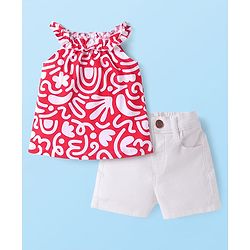 Babyhug Single Jersey Knit Sleeveless Printed Top & Denim Shorts Set - Red