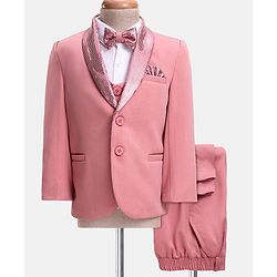Babyhug Knit Full Sleeves Solid Color 4 Piece Party Suit with Bow & Sequin Applique - Pink