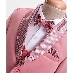 Babyhug Knit Full Sleeves Solid Color 4 Piece Party Suit with Bow & Sequin Applique - Pink