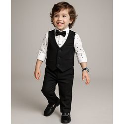 Babyhug Knit Full Sleeves Printed 3 Piece Party Suit With Bow - Black