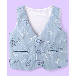Babyhug Woven Full Sleeves Text Printed 3 Piece Party Suit with Bow Suspender & Hat - Light Blue
