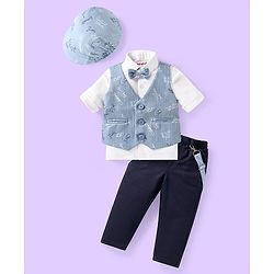 Babyhug Woven Full Sleeves Text Printed 3 Piece Party Suit with Bow Suspender & Hat - Light Blue