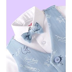 Babyhug Woven Full Sleeves Text Printed 3 Piece Party Suit with Bow Suspender & Hat - Light Blue