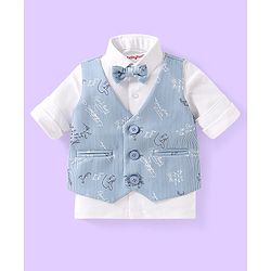 Babyhug Woven Full Sleeves Text Printed 3 Piece Party Suit with Bow Suspender & Hat - Light Blue