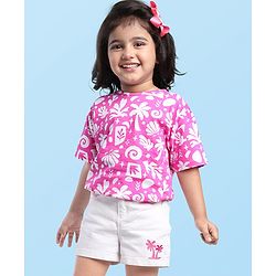 Babyhug Single Jersey Denim Half Sleeves Top & Shorts Set with Beach Theme Print - White & Pink