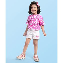 Babyhug Single Jersey Denim Half Sleeves Top & Shorts Set with Beach Theme Print - White & Pink