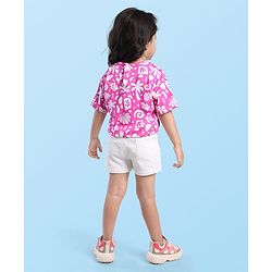 Babyhug Single Jersey Denim Half Sleeves Top & Shorts Set with Beach Theme Print - White & Pink