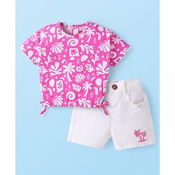 Babyhug Single Jersey Denim Half Sleeves Top & Shorts Set with Beach Theme Print - White & Pink