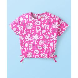 Babyhug Single Jersey Denim Half Sleeves Top & Shorts Set with Beach Theme Print - White & Pink