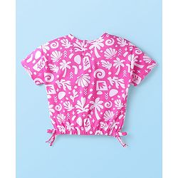 Babyhug Single Jersey Denim Half Sleeves Top & Shorts Set with Beach Theme Print - White & Pink