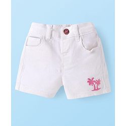 Babyhug Single Jersey Denim Half Sleeves Top & Shorts Set with Beach Theme Print - White & Pink