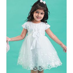 Babyhug Woven Cap Sleeves Party Dress With Floral Embroidery & Bow Applique - White