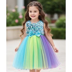 Babyhug Woven Sleeveless Fit & Flare Mesh Party Dress with Bow & Floral Applique - Purple & Light Blue