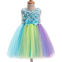 Babyhug Woven Sleeveless Fit & Flare Mesh Party Dress with Bow & Floral Applique - Purple & Light Blue