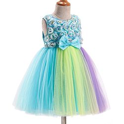 Babyhug Woven Sleeveless Fit & Flare Mesh Party Dress with Bow & Floral Applique - Purple & Light Blue