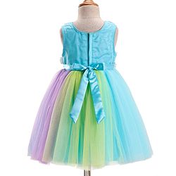 Babyhug Woven Sleeveless Fit & Flare Mesh Party Dress with Bow & Floral Applique - Purple & Light Blue