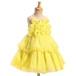 Babyhug Woven Sleeveless Tiered Party Frock with 3D Flower Applique on Yoke - Yellow