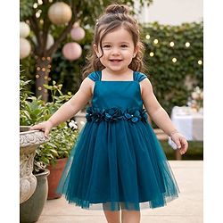 Babyhug Woven Sleeveless Fit & Flare Party Dress with Floral Corsage - Teal Blue